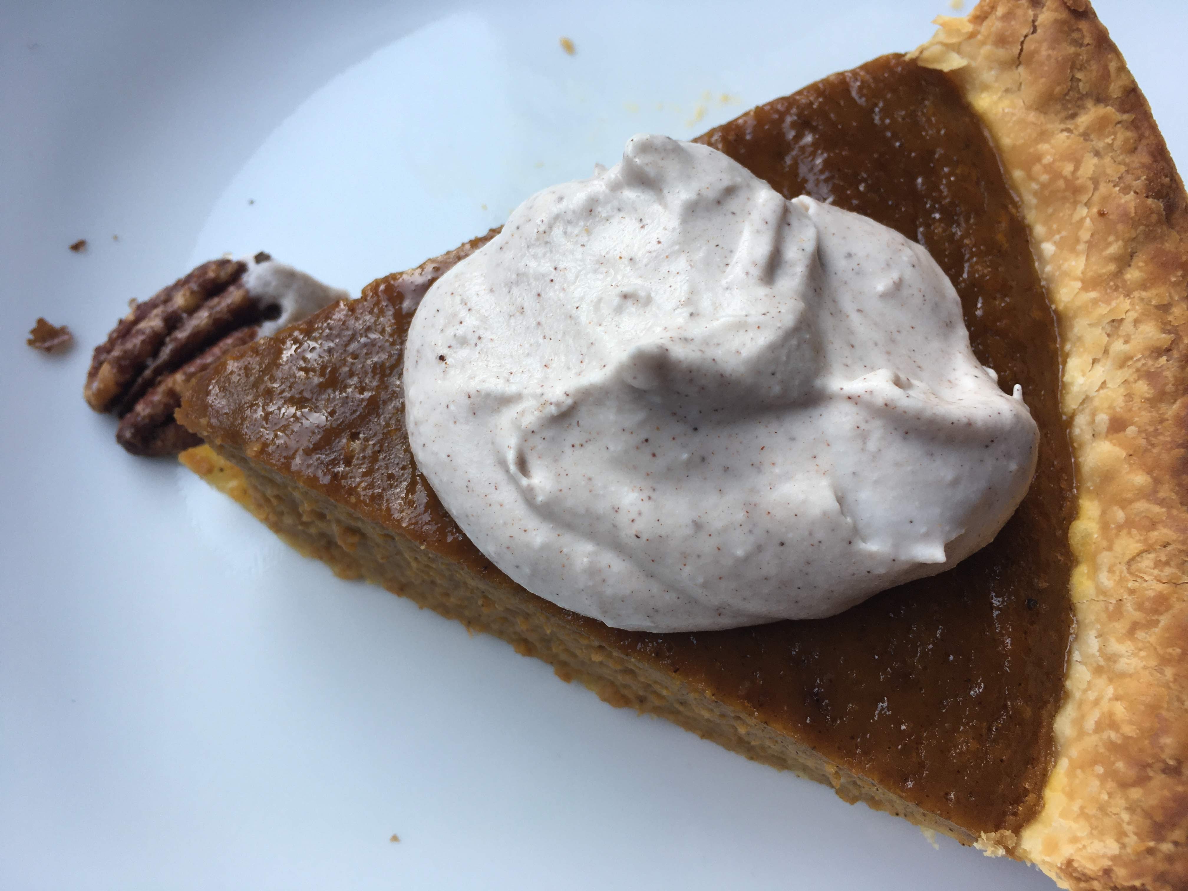 coconut sugar pumpkin pie with maple roasted pumpkin spice pecans