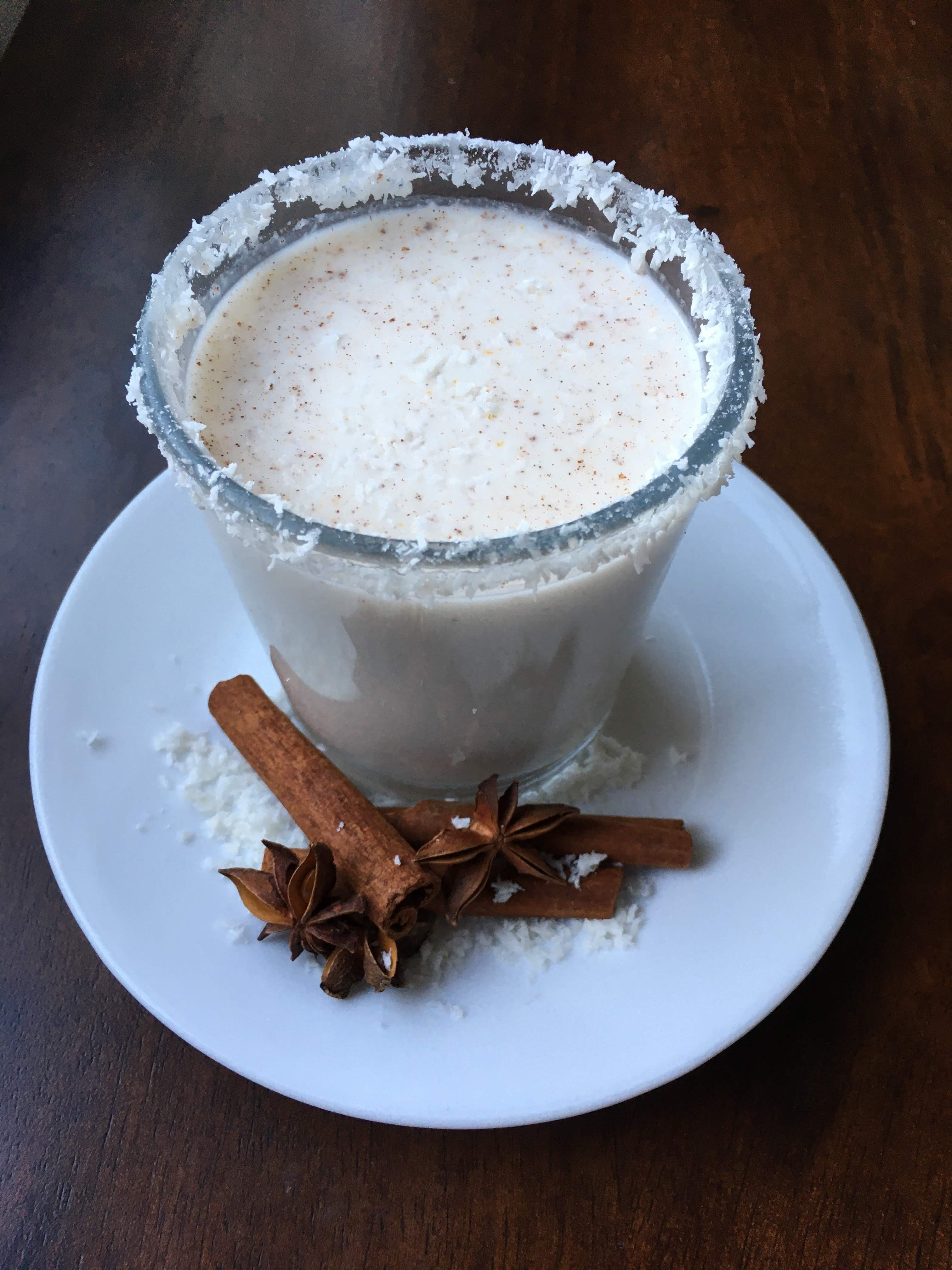 coconut almond eggnog with frosted rim (soy free, paleo, vegan, eggless)